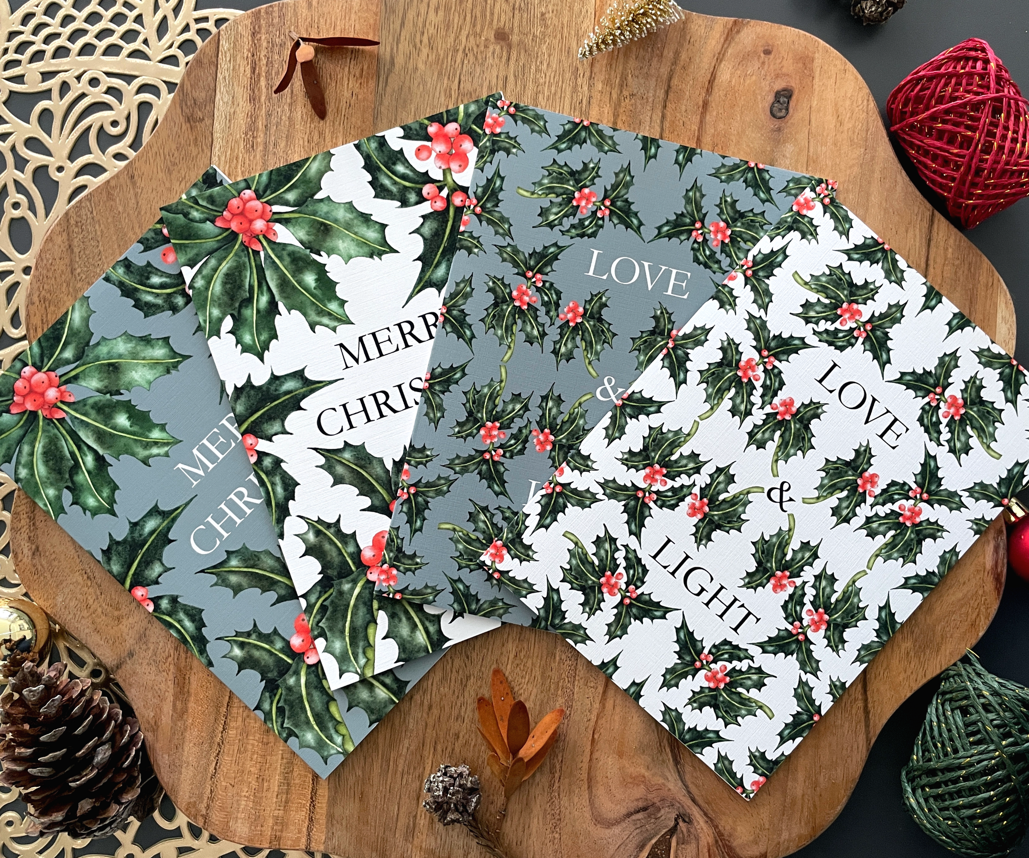 Merry Holly Wishes Collection - Set of 4 Christmas Greeting Cards