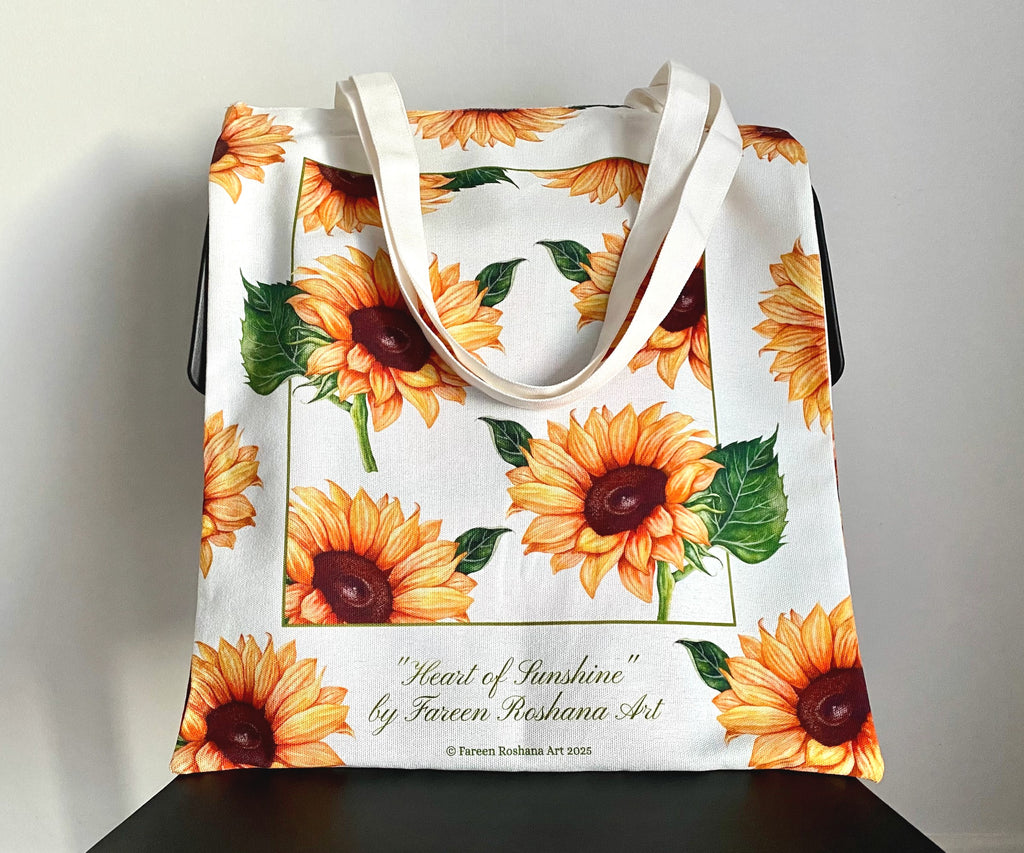 Full view of Heart of Sunshine tote bag with original sunflower watercolour art, eco-friendly 100% cotton canvas, designed in New Zealand
