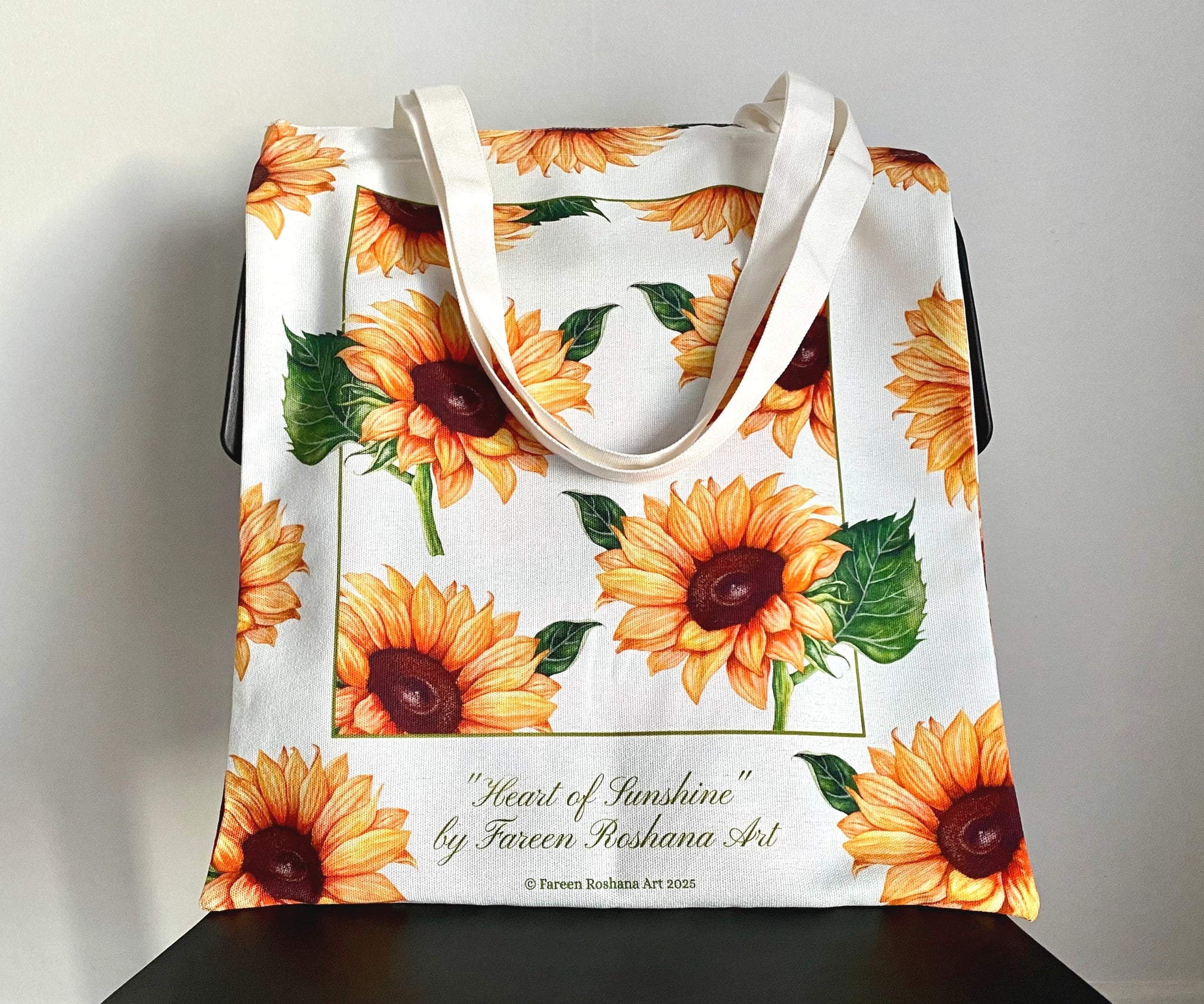 Full view of Heart of Sunshine tote bag with original sunflower watercolour art, eco-friendly 100% cotton canvas, designed in New Zealand