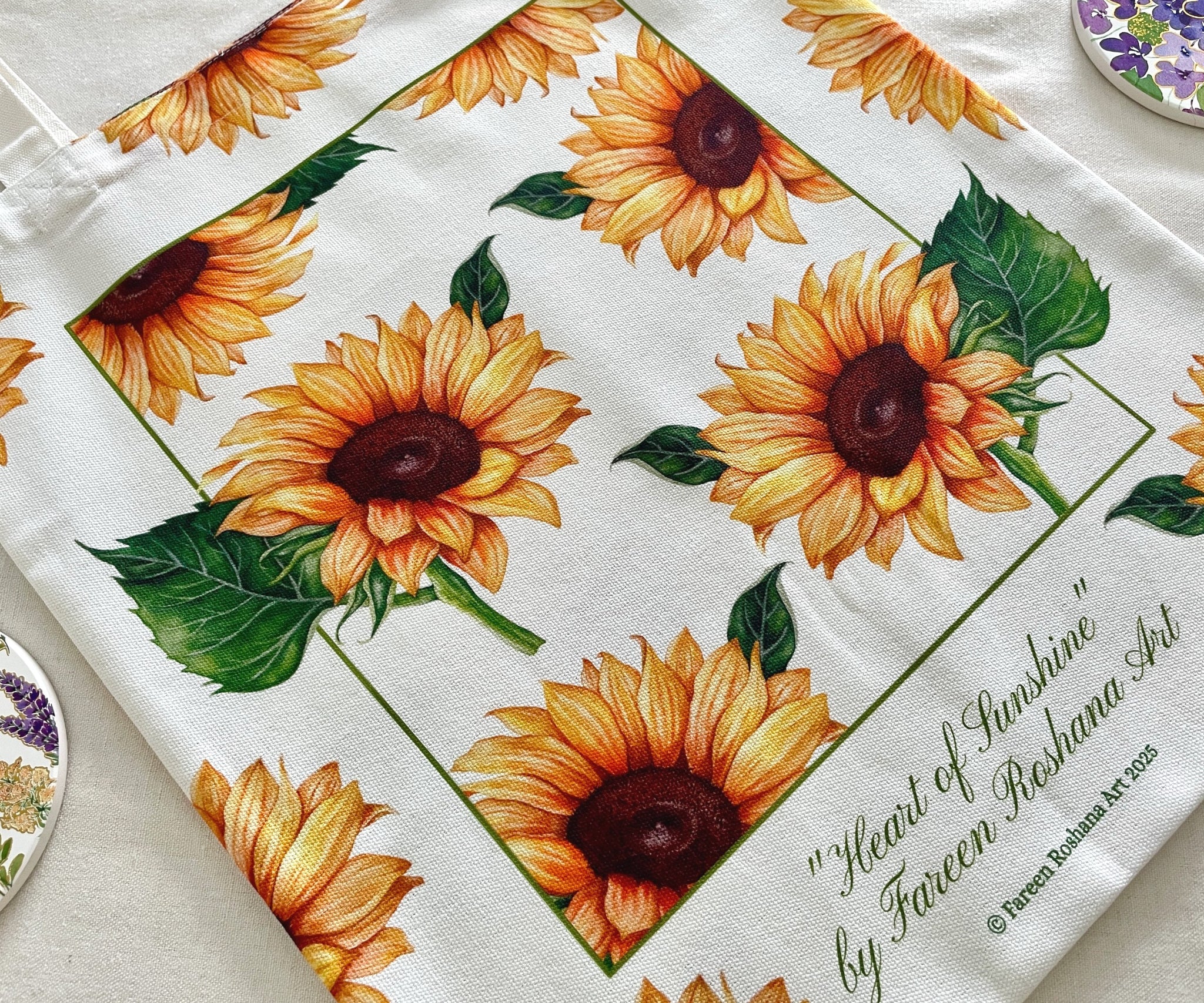 Close-up of sunflower watercolour artwork on 100% cotton canvas tote bag, designed in New Zealand by artist Fareen Roshana