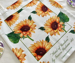 Close-up of sunflower watercolour artwork on 100% cotton canvas tote bag, designed in New Zealand by artist Fareen Roshana