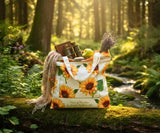 Tote bag with sunflower pattern in a forest setting