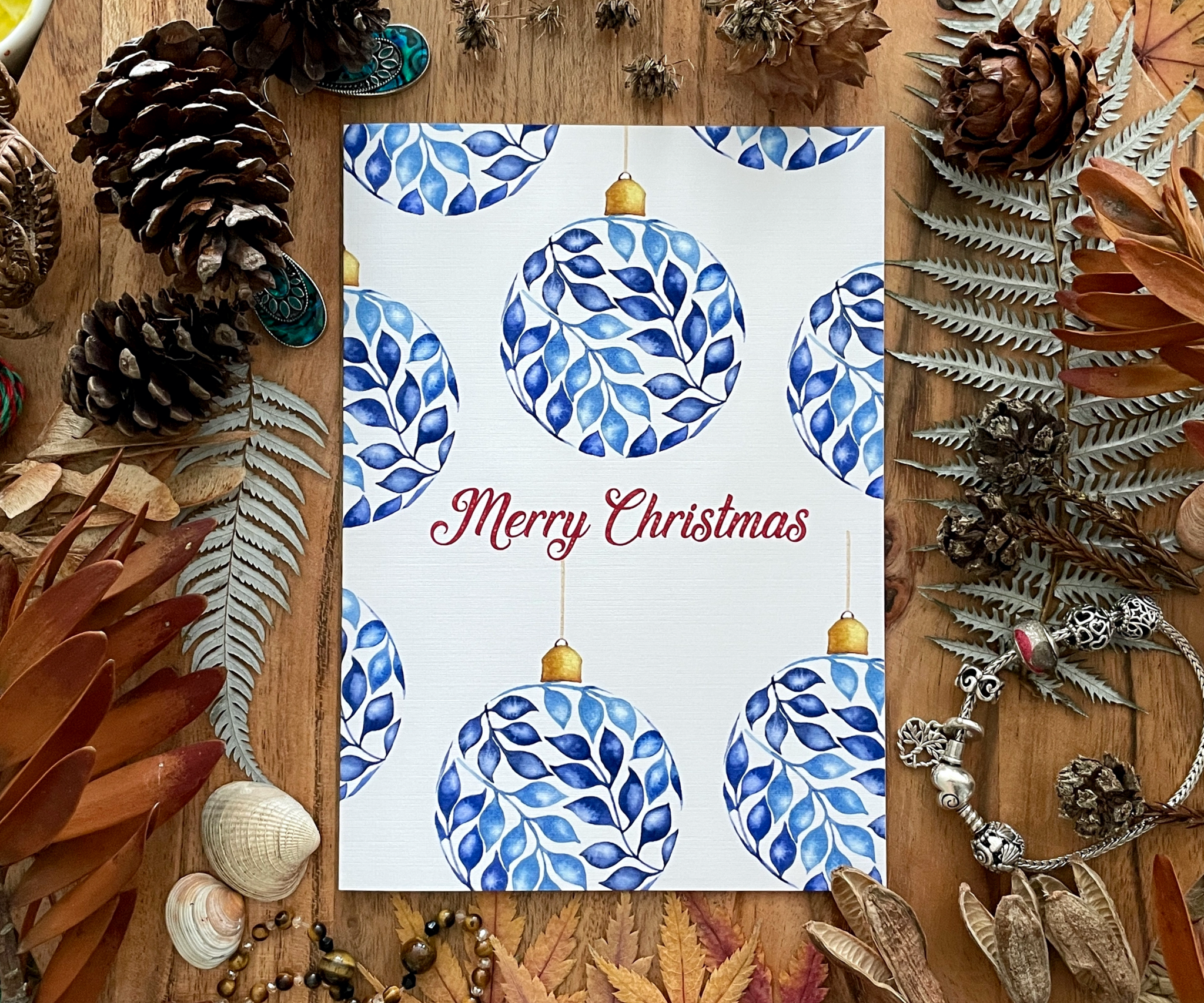 Blue Bauble Christmas Greeting Card Front