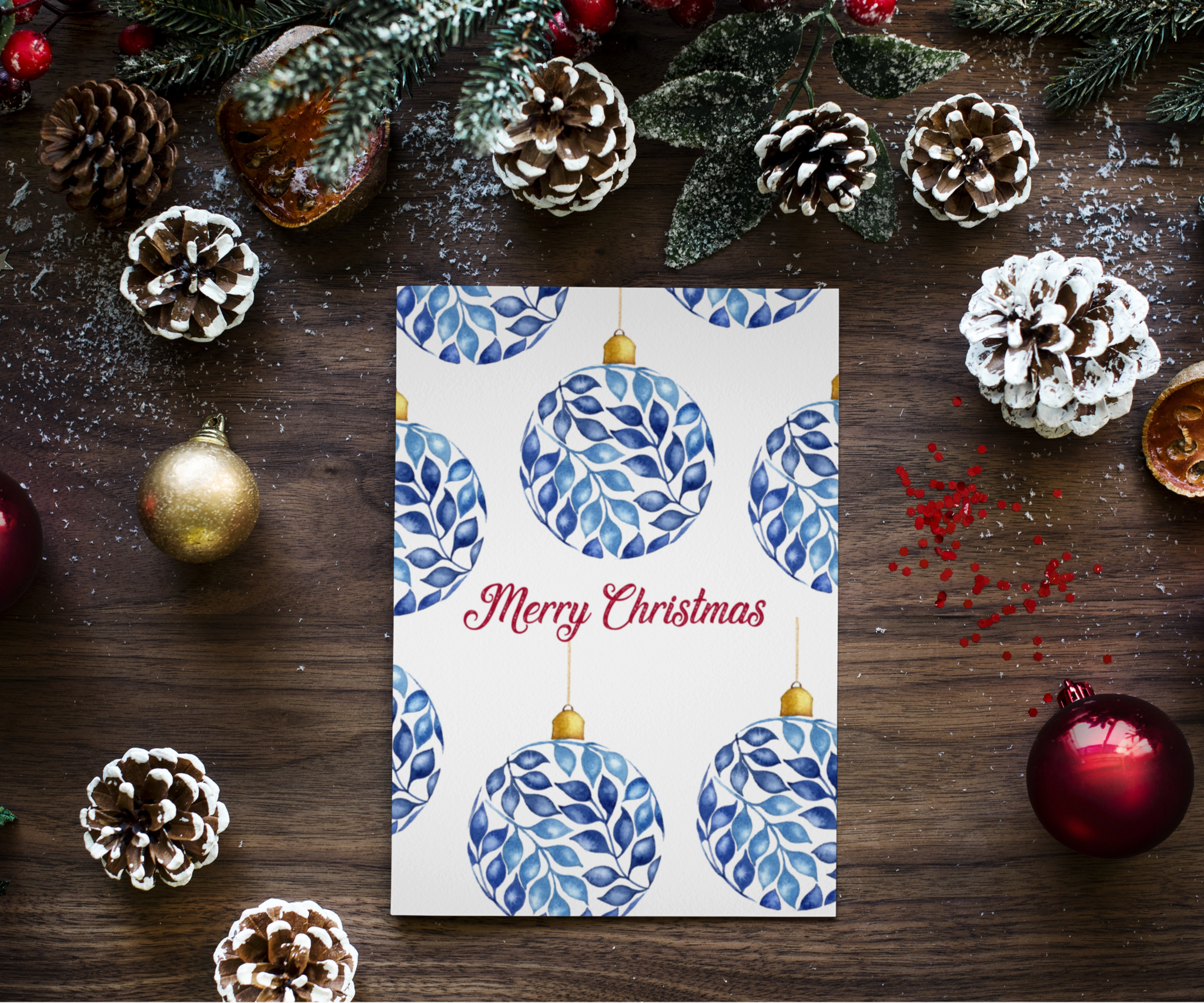 Blue Bauble Christmas Greeting Card Mock Up