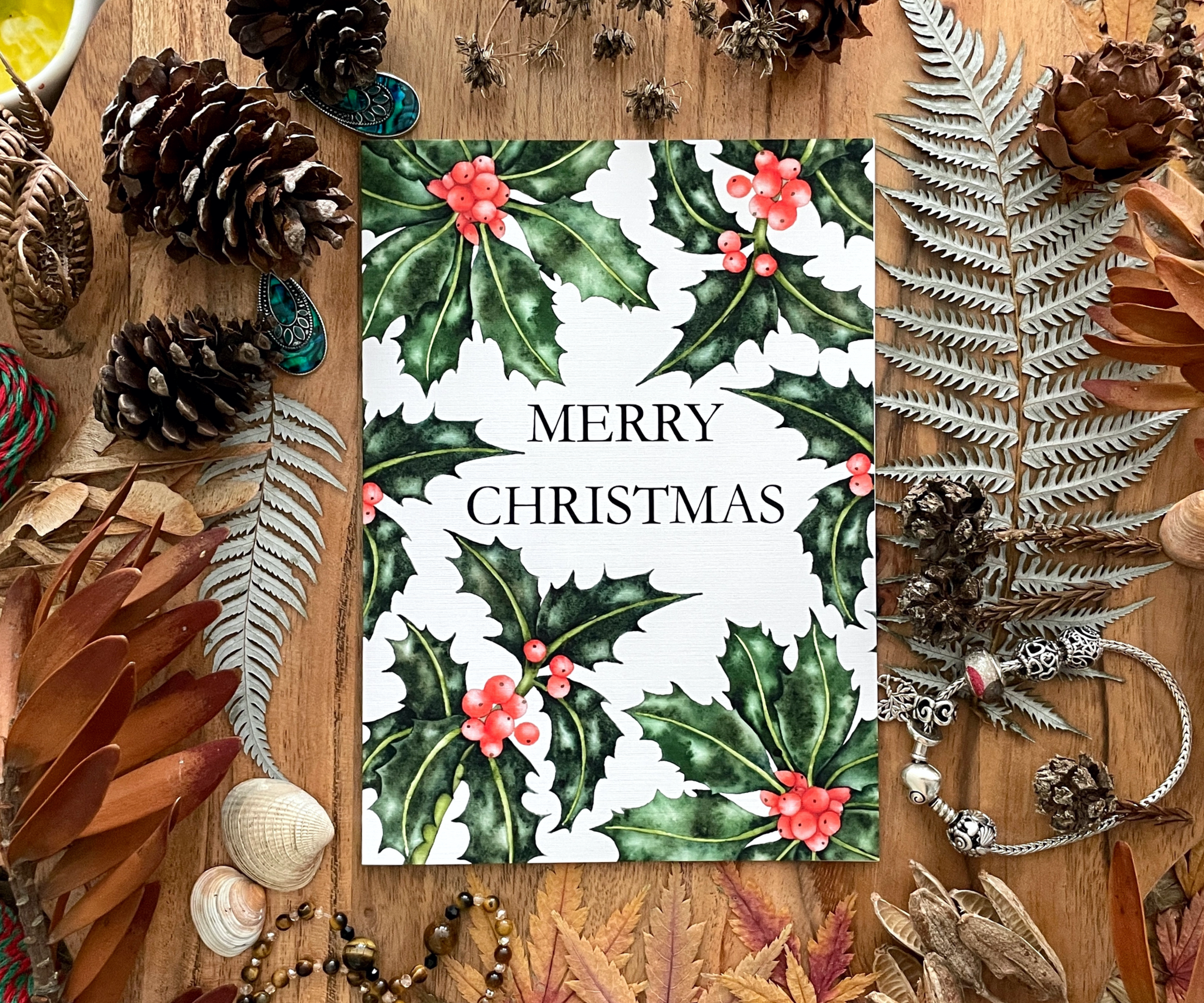 Merry Christmas Holly Cheer - White Christmas Greeting Card