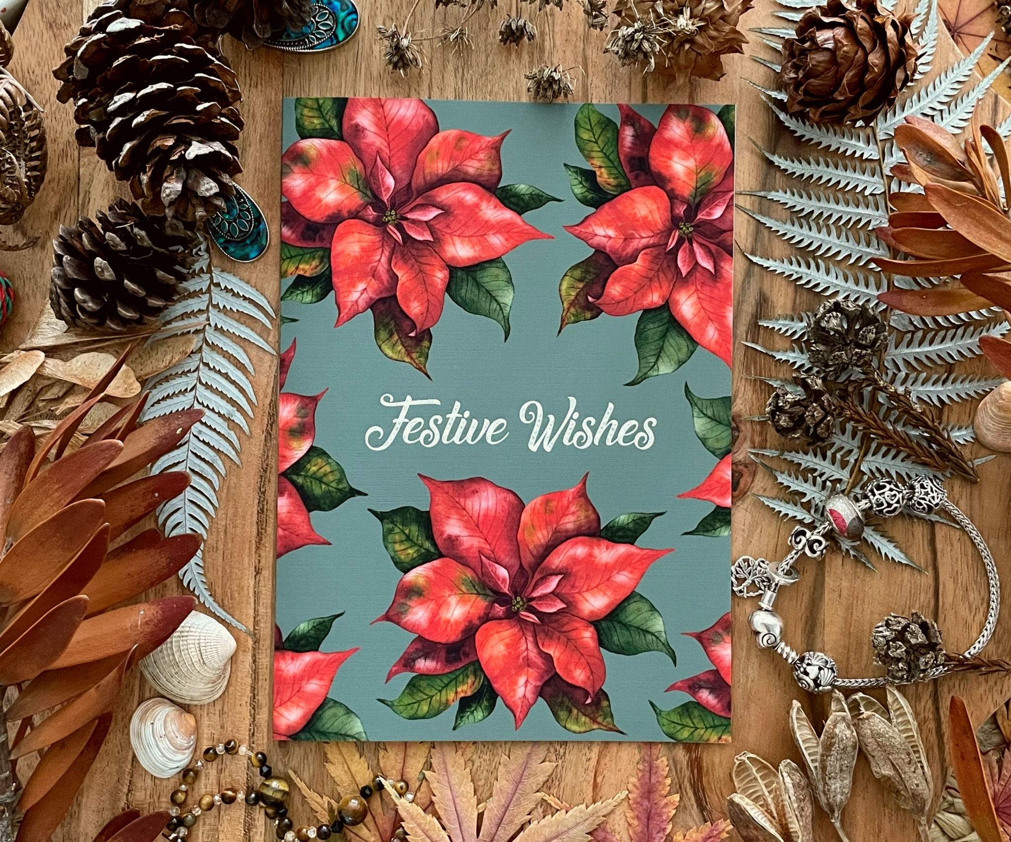 Poinsettia Festive Wishes - Green Christmas Greeting Card