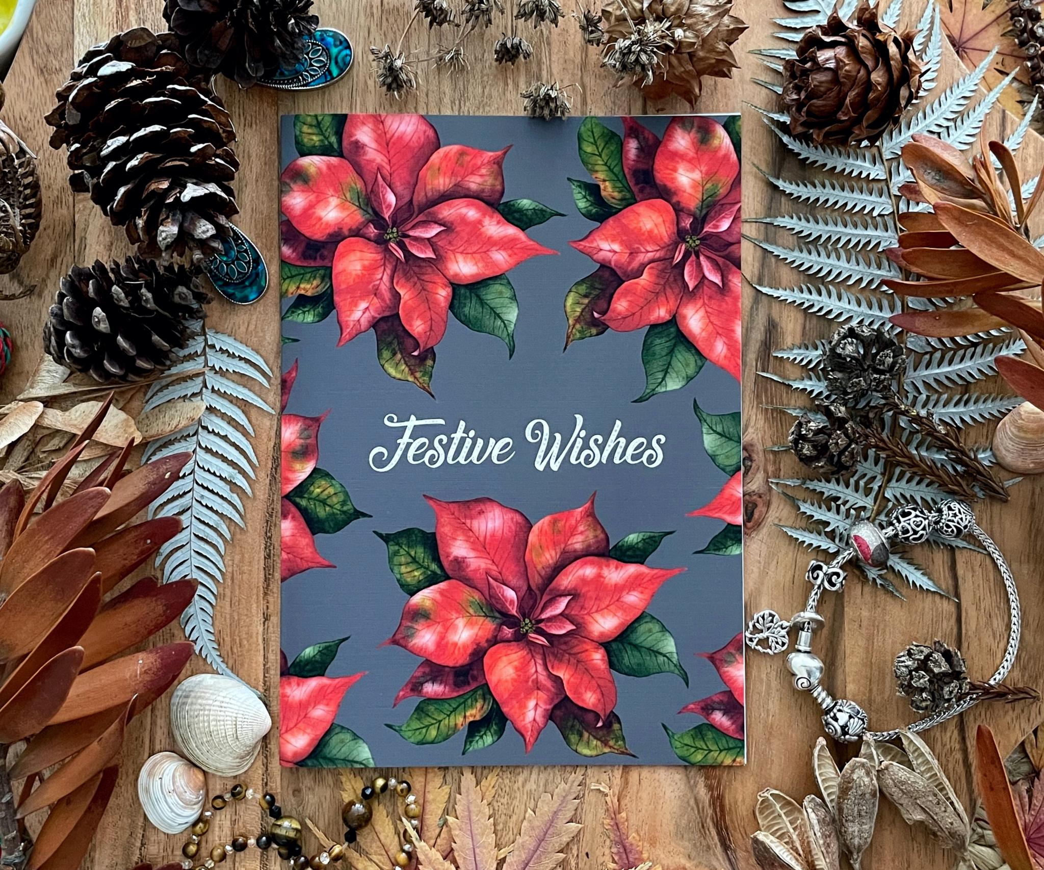 Poinsettia Festive Wishes - Grey Christmas Greeting Card