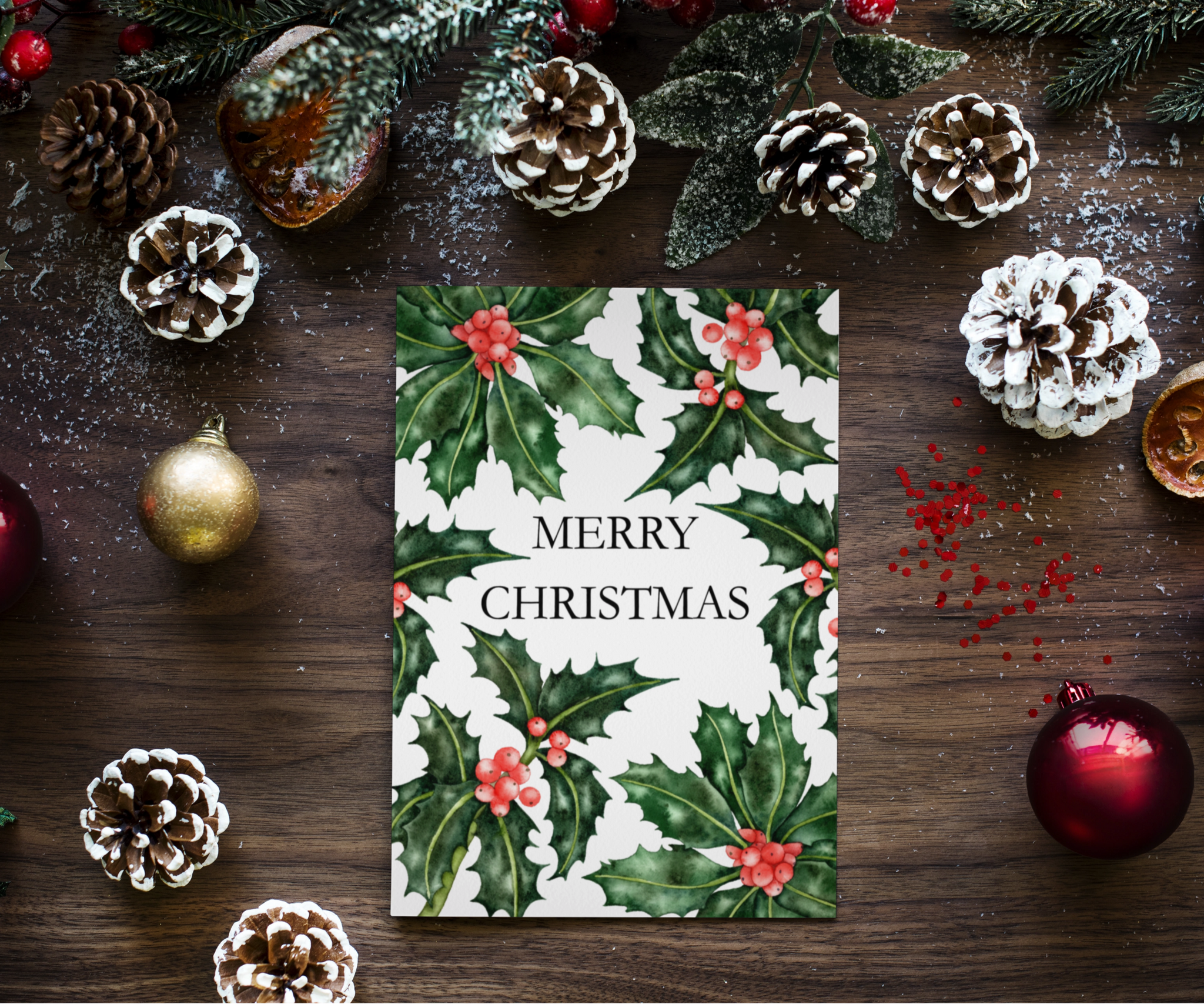 Merry Christmas Holly Cheer - White Christmas Greeting Card