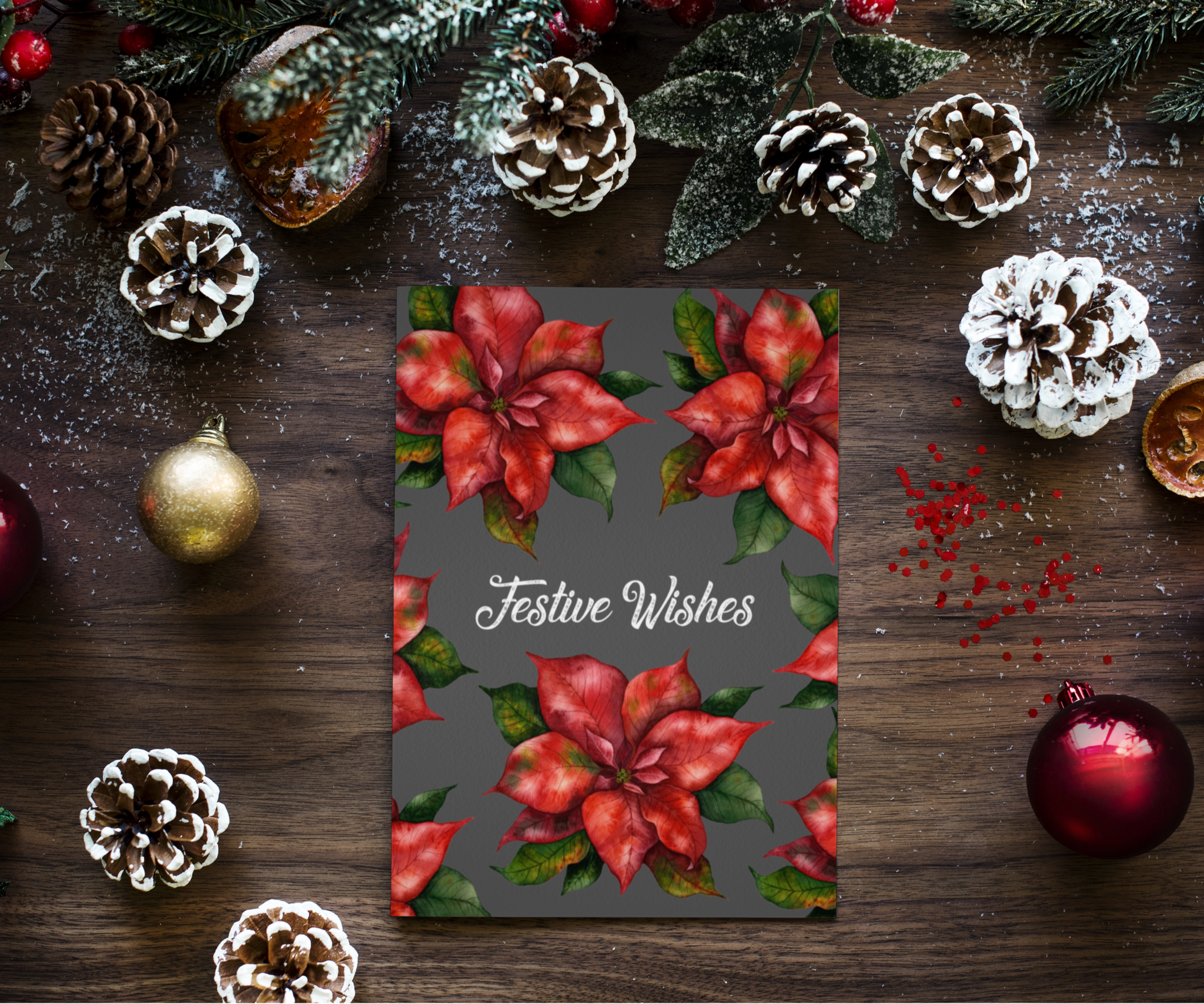 Poinsettia Festive Wishes - Grey Christmas Greeting Card