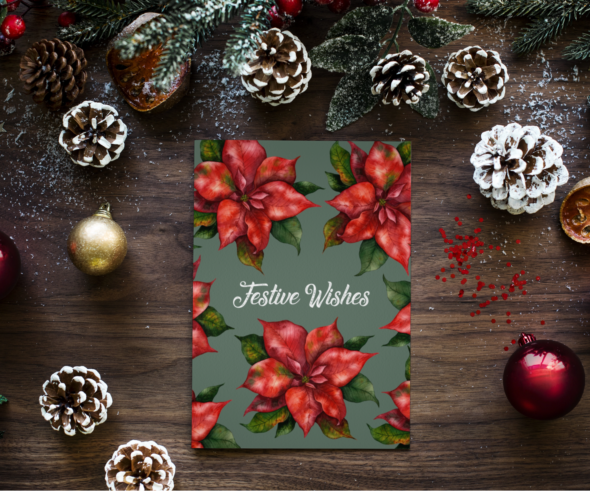 Poinsettia Festive Wishes - Green Christmas Greeting Card