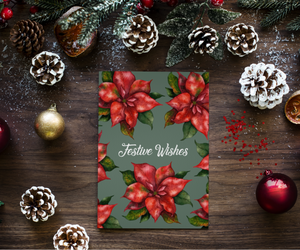 Poinsettia Festive Wishes - Green Christmas Greeting Card