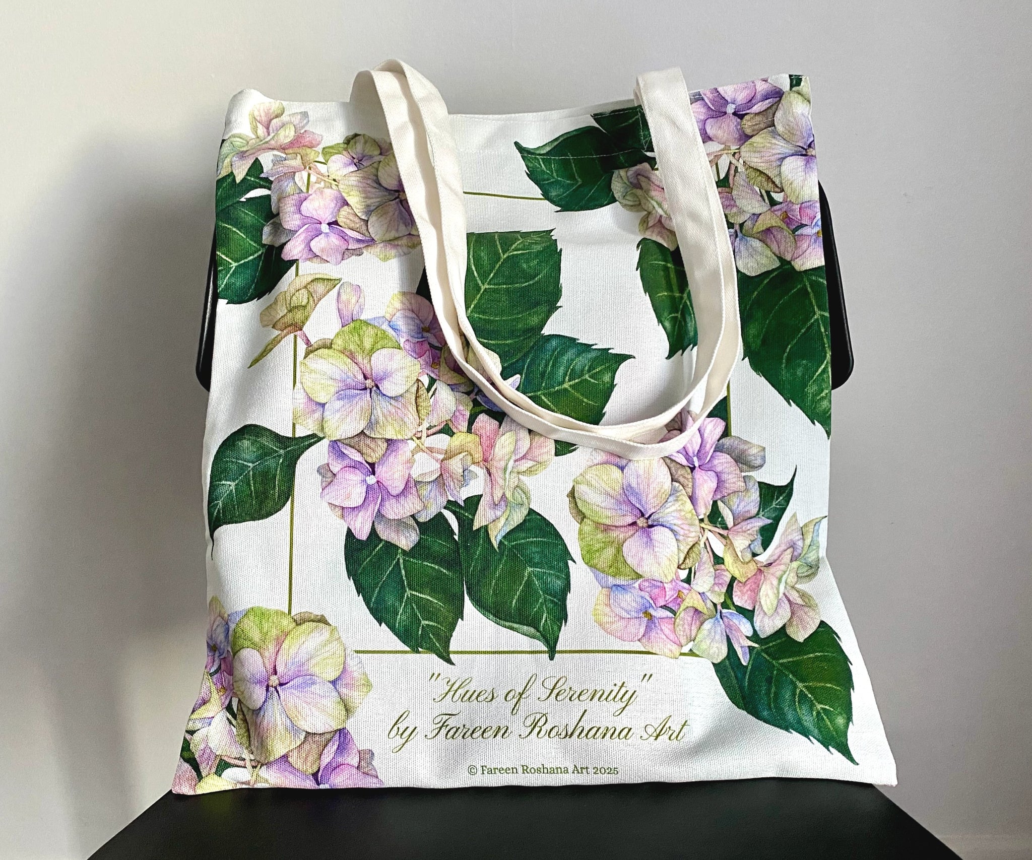Full view of Hues of Serenity hydrangea tote bag made of 100% natural cotton canvas with floral watercolour design.