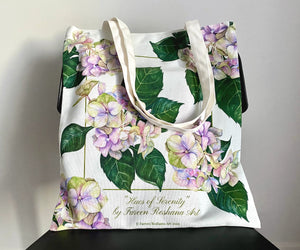 Full view of Hues of Serenity hydrangea tote bag made of 100% natural cotton canvas with floral watercolour design.