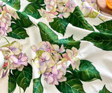 Close-up of Hues of Serenity Hydrangea tea towel with delicate watercolour details