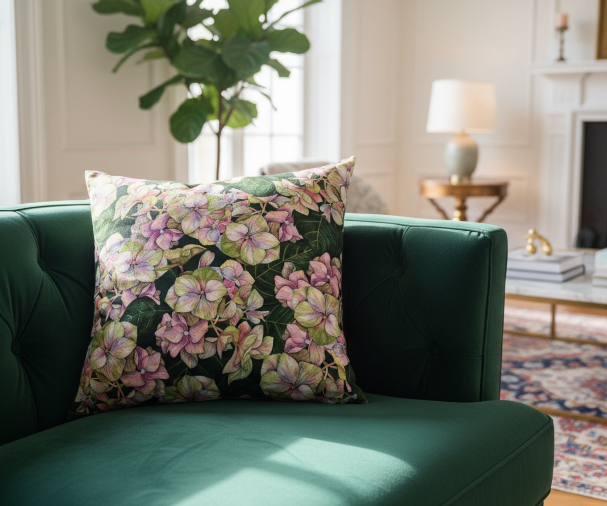 Hues of Serenity Hydrangea velvet cushion cover 45x45 cm styled on sofa, floral decorative pillow case