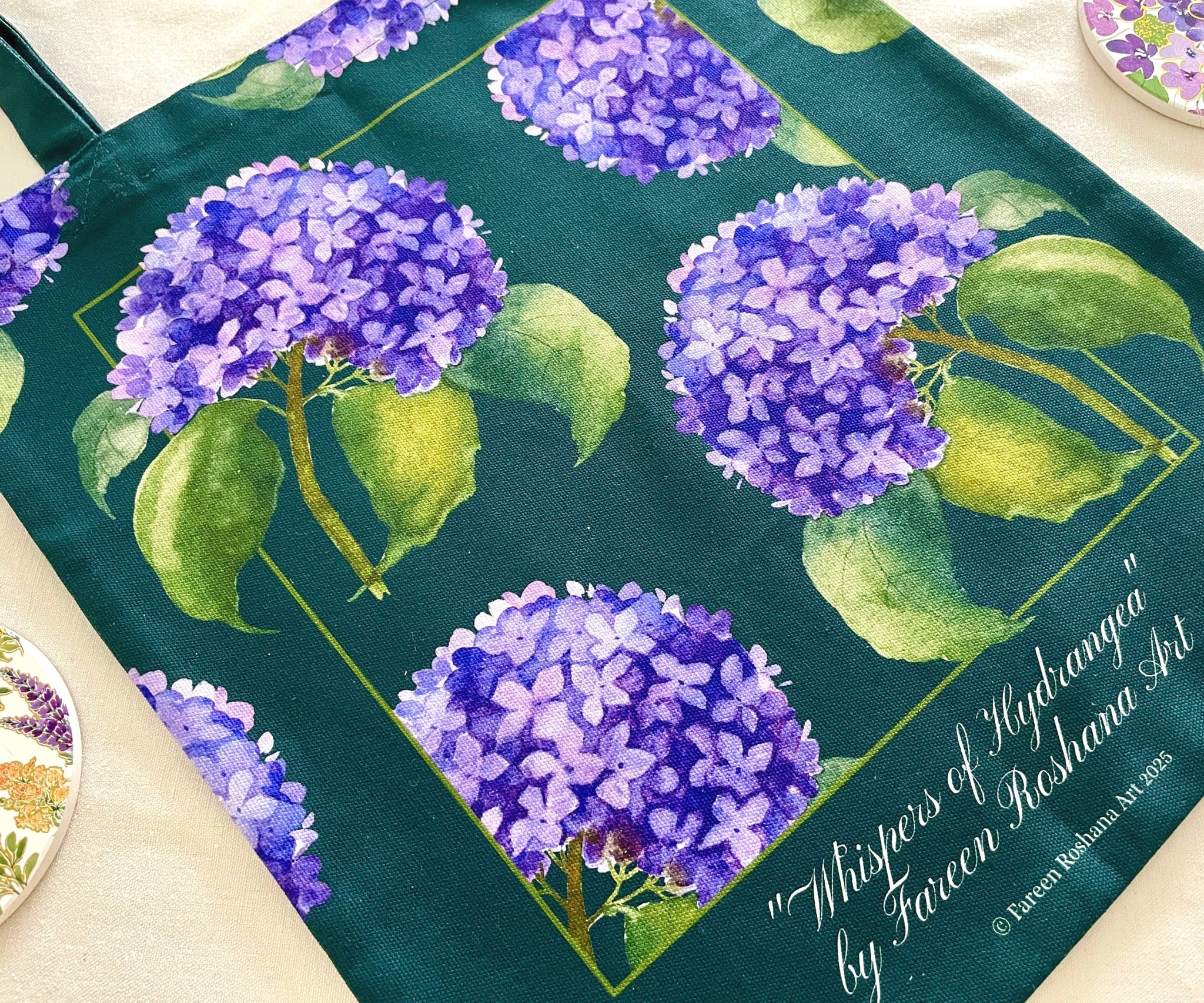 Close-up of hydrangea watercolour design on 100% cotton canvas tote bag, designed in New Zealand by Fareen Roshana.