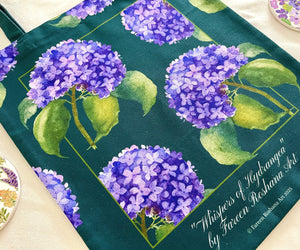 Close-up of hydrangea watercolour design on 100% cotton canvas tote bag, designed in New Zealand by Fareen Roshana.
