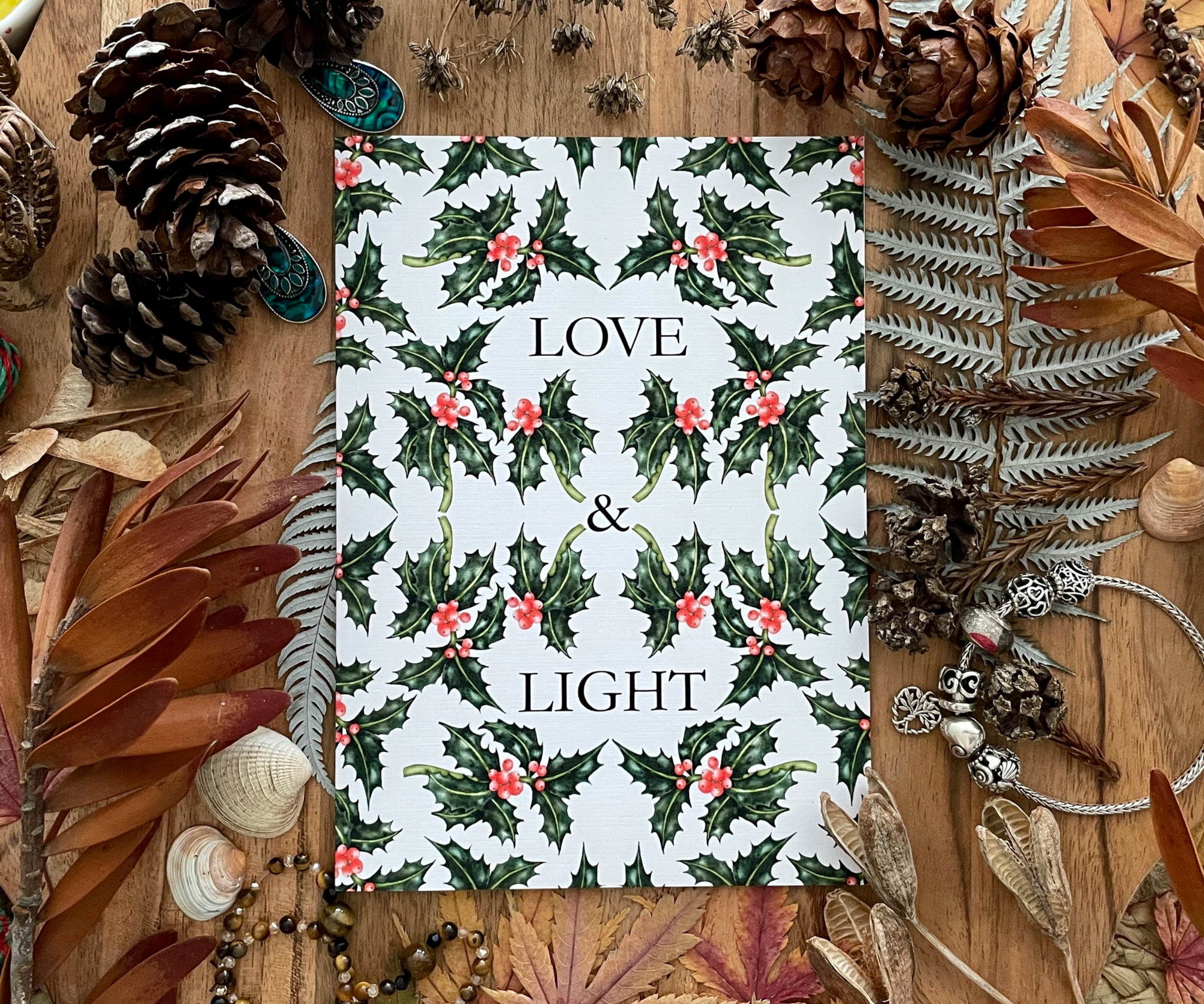 Holly of Love and Light White Christmas Greeting Card