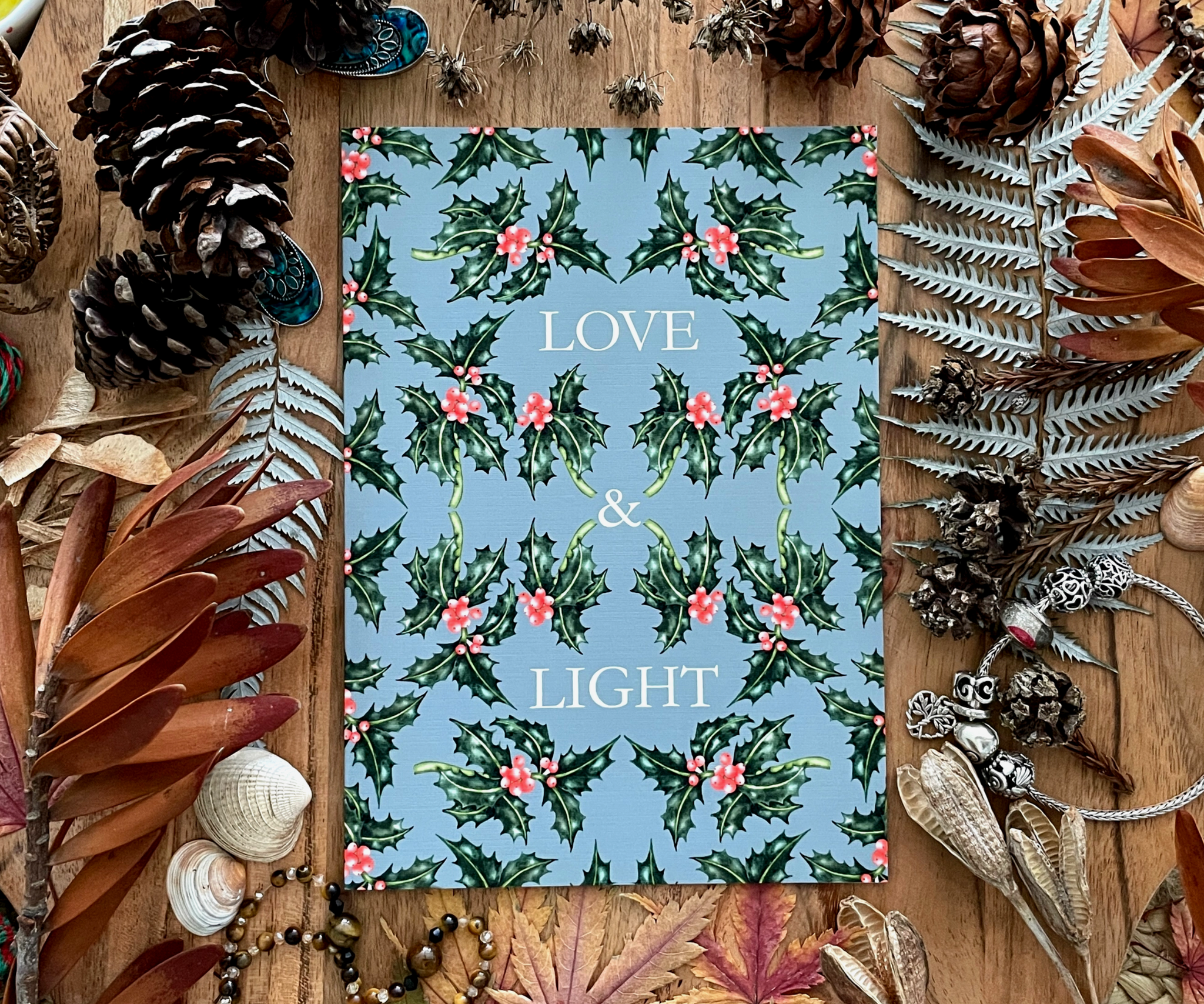 Holly of Love and Light Blue Grey Christmas Greeting Card
