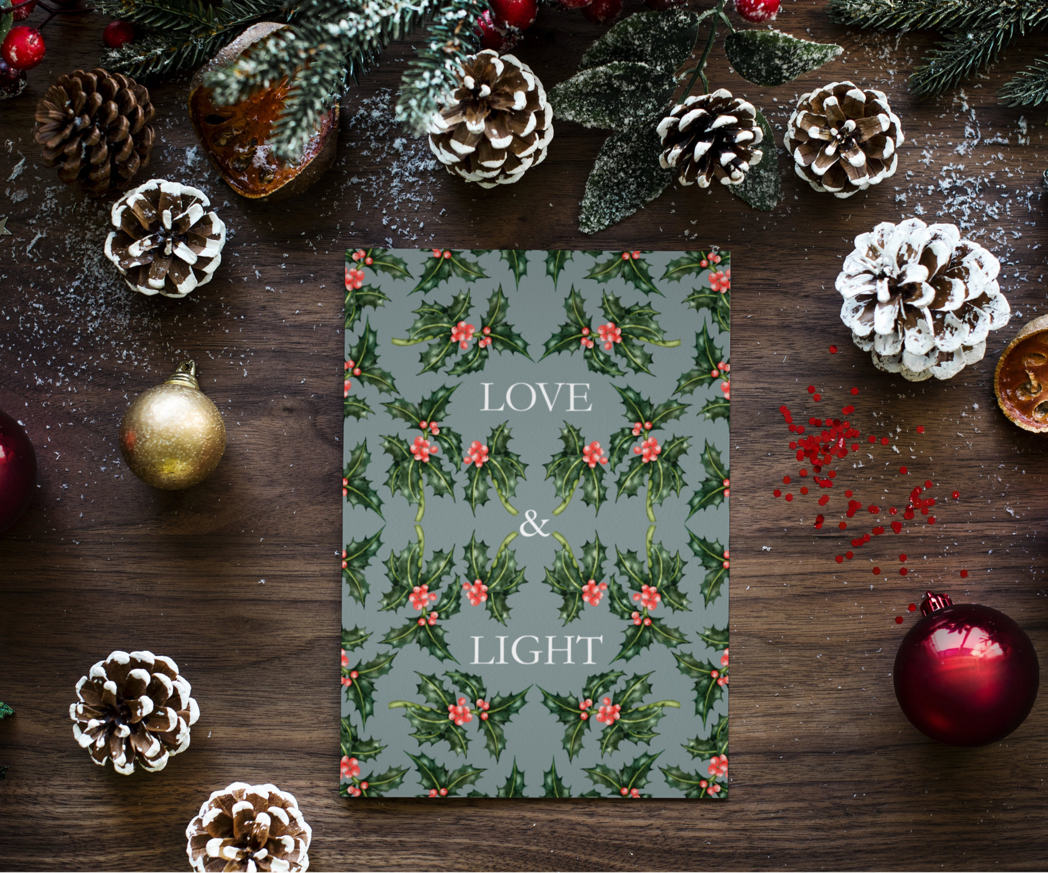 Holly of Love and Light Blue Grey Christmas Greeting Card