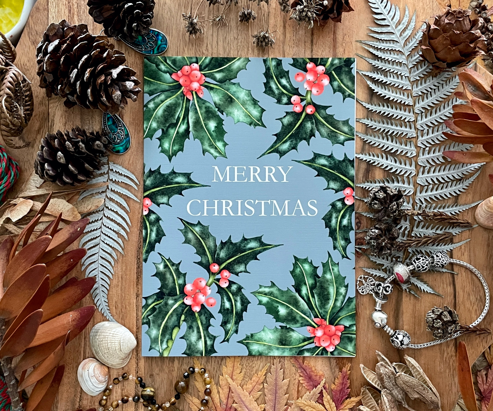 Merry Christmas Holly Cheer Blue Grey Christmas Greeting Card