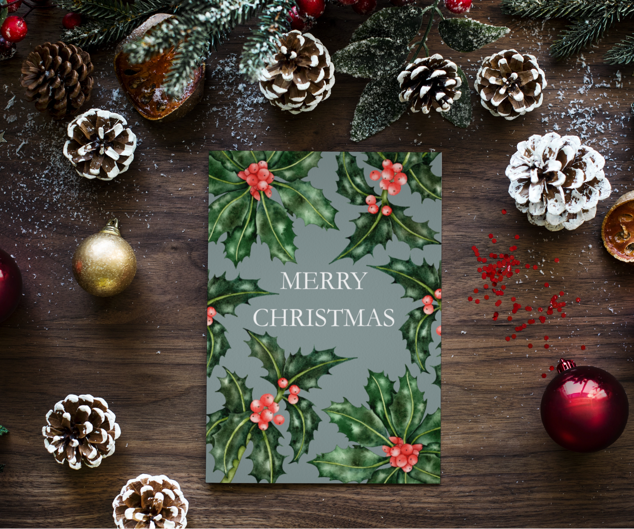 Merry Christmas Holly Cheer Blue Grey Christmas Greeting Card