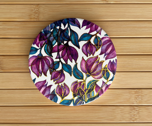 "Blooming in Mystic Hues" Ceramic Gold Tea Coasters Closeup