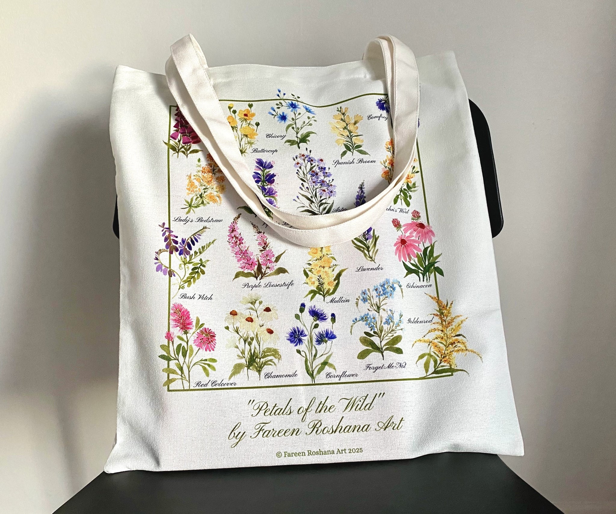 White cotton tote bag with original wildflower watercolour design, full front view