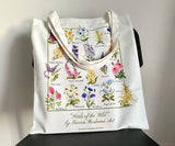 White cotton tote bag with original wildflower watercolour design, full front view