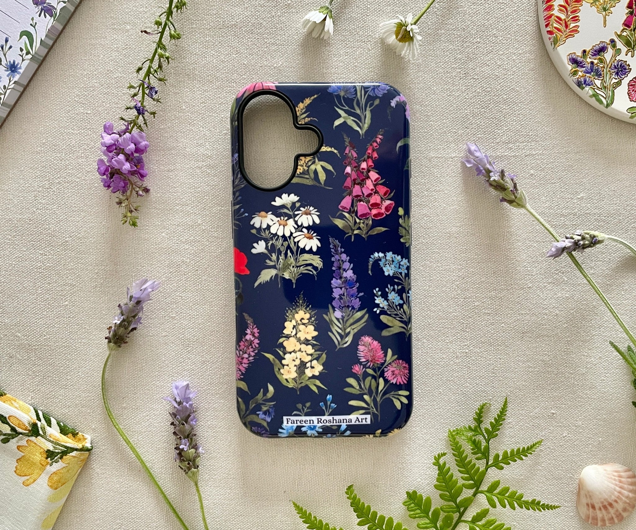 Full front view of the wildflower iPhone case from the Petals of the Wild collection, hand-painted in watercolour.