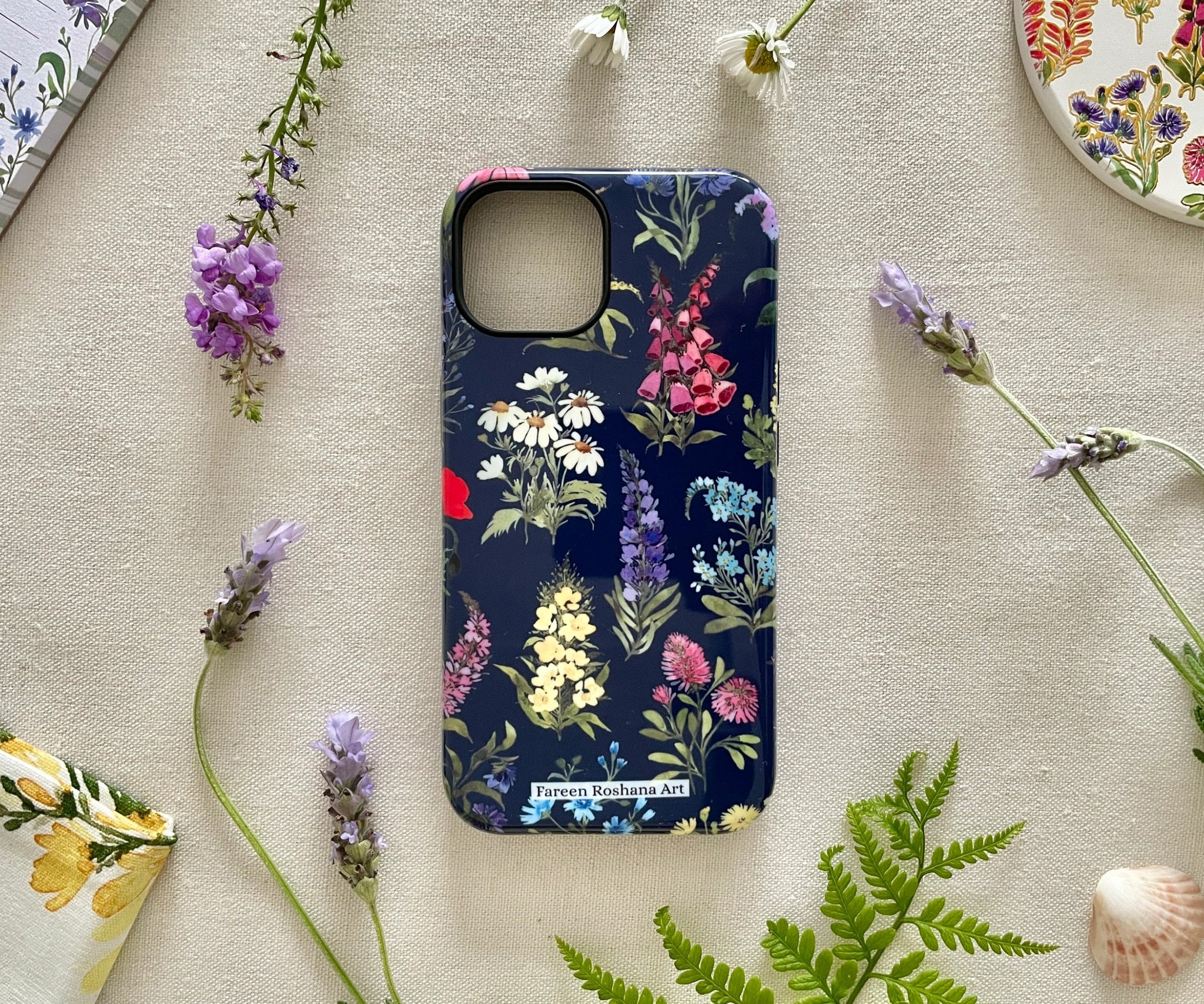Full front view of the wildflower iPhone case from the Petals of the Wild collection, hand-painted in watercolour.