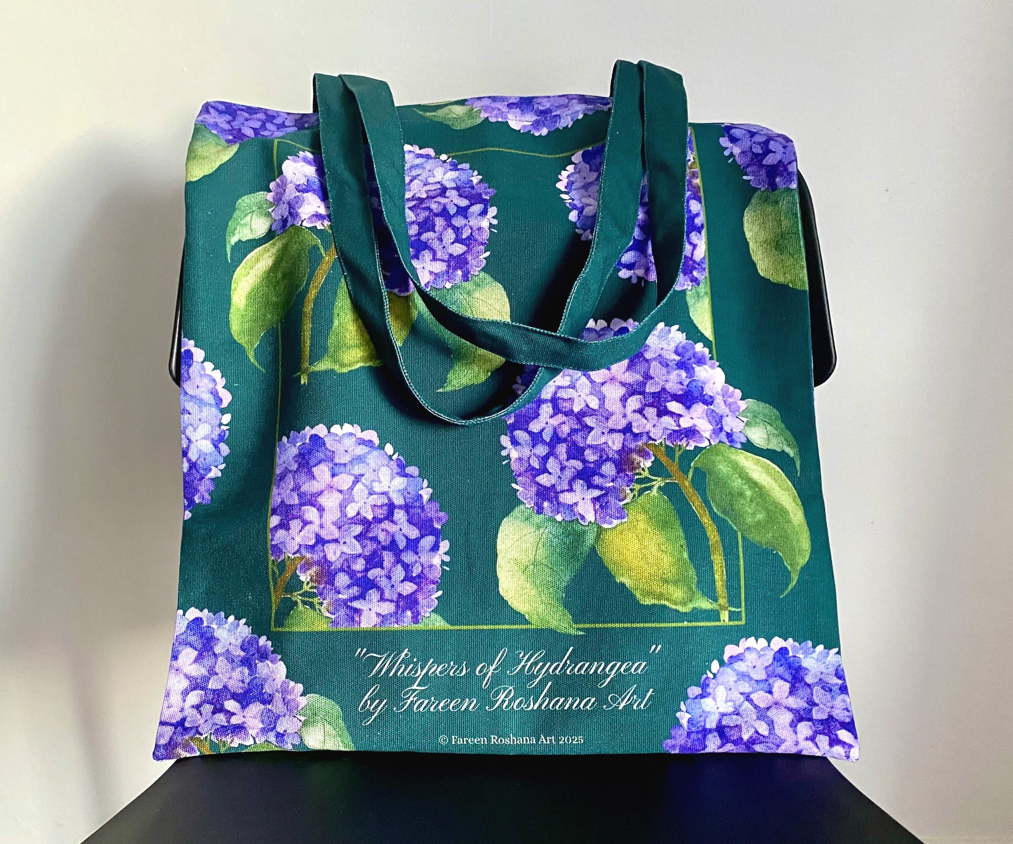 Full view of Whispers of Hydrangea 100% cotton canvas tote bag with elegant floral watercolour art, designed in New Zealand