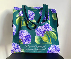 Full view of Whispers of Hydrangea 100% cotton canvas tote bag with elegant floral watercolour art, designed in New Zealand