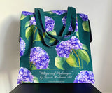 Full view of Whispers of Hydrangea 100% cotton canvas tote bag with elegant floral watercolour art, designed in New Zealand