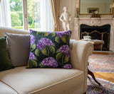 Whispers of Hydrangea velvet cushion cover 45x45 cm styled on sofa, elegant floral decorative pillow